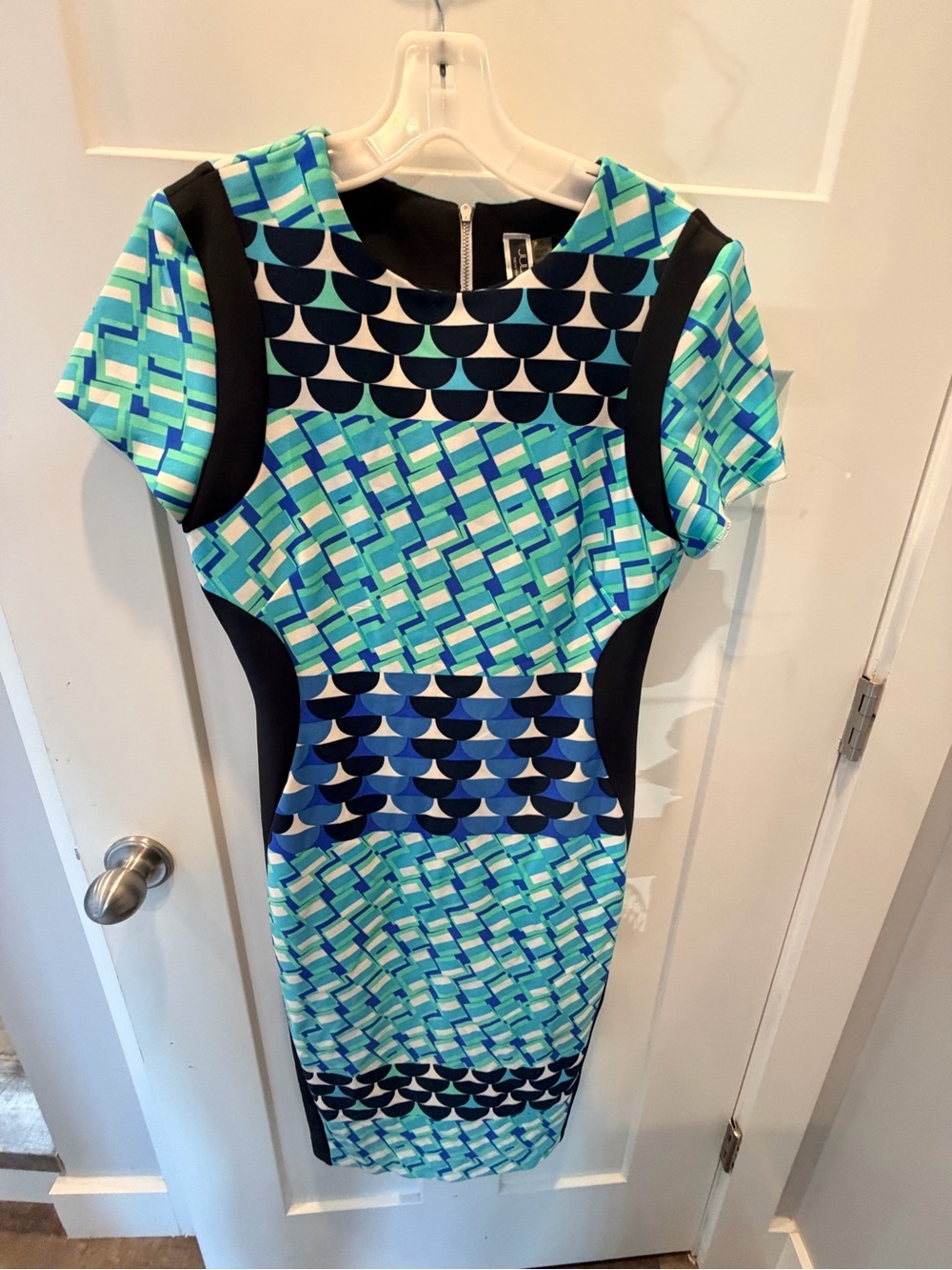 Julian Taylor NY Size 10 Blue Geometric Sheath Dress Colorblock Career Office - Picture 1 of 9